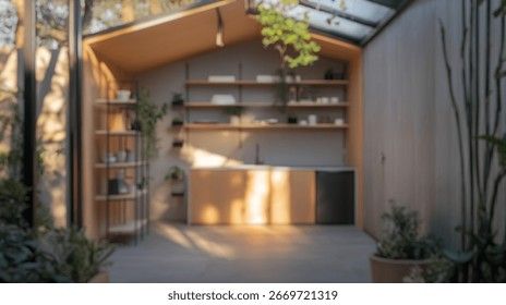 Modern interieur van een houten tuinkast met slimme wandplanken.