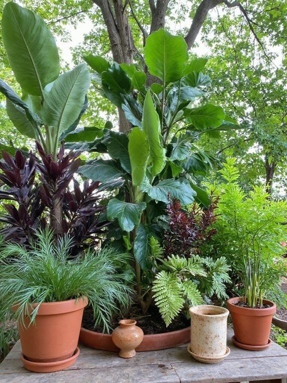 Weelderige schaduwplanten in potten op een beschut stadsterras