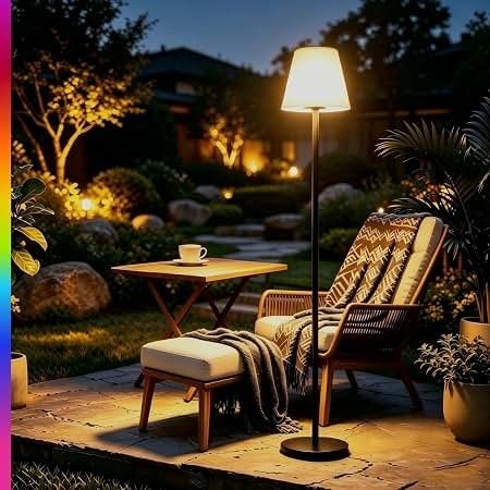 Sfeervol verlicht terras met fauteuil, tafeltje en tuinlamp in de avond